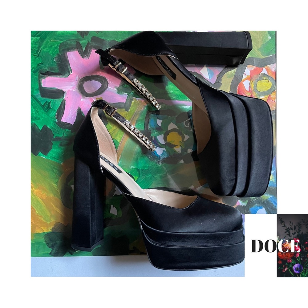 Black Embellished “Satin” Platform Pumps